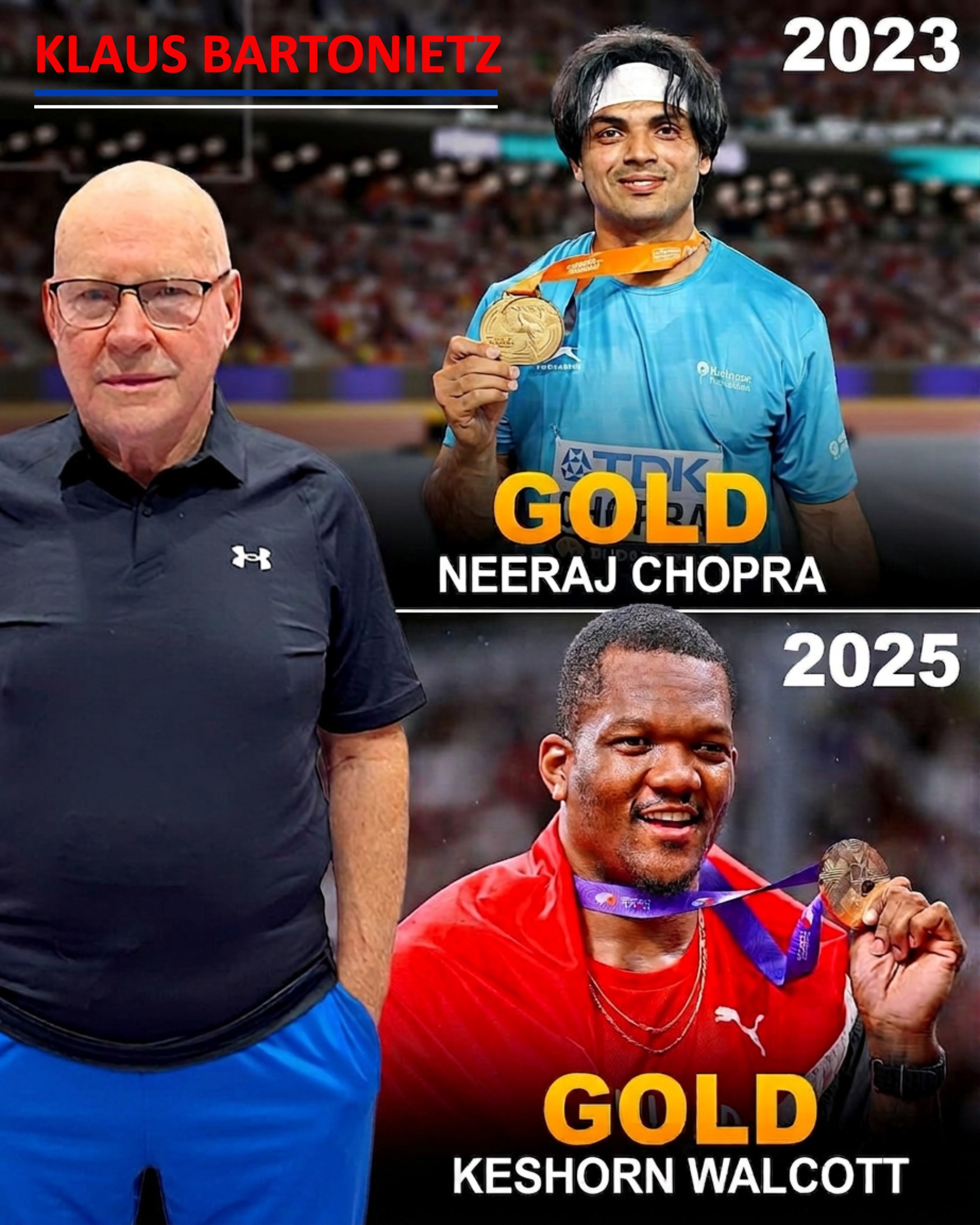 Klaus Bartonietz with gold medallists Neeraj Chopra and Keshorn Walcott
